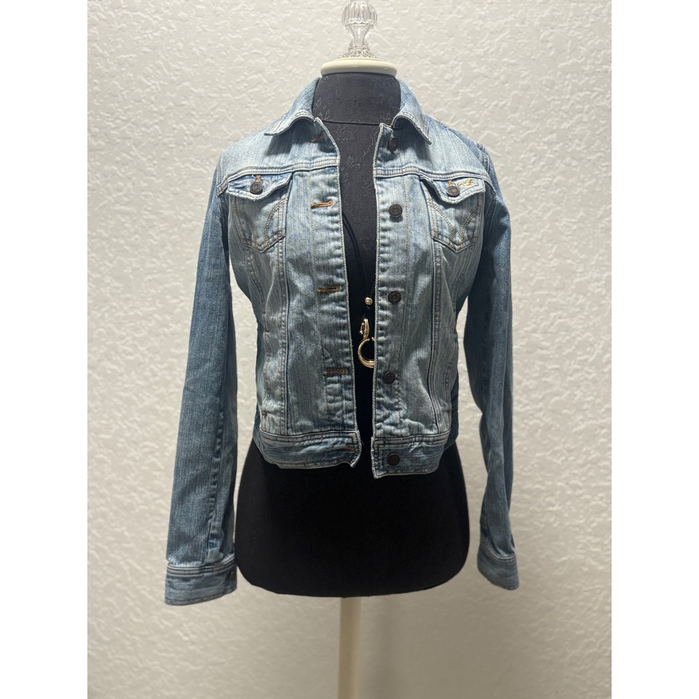 Hollister Womens Blue Denim Trucker Jacket Light Wash Floral Pocket Lining Small